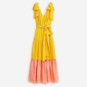 J.Crew Silk Colorblock Maxi Dress Yellow Coral Wrap Tie Waist Ruffle Hem Sz 4